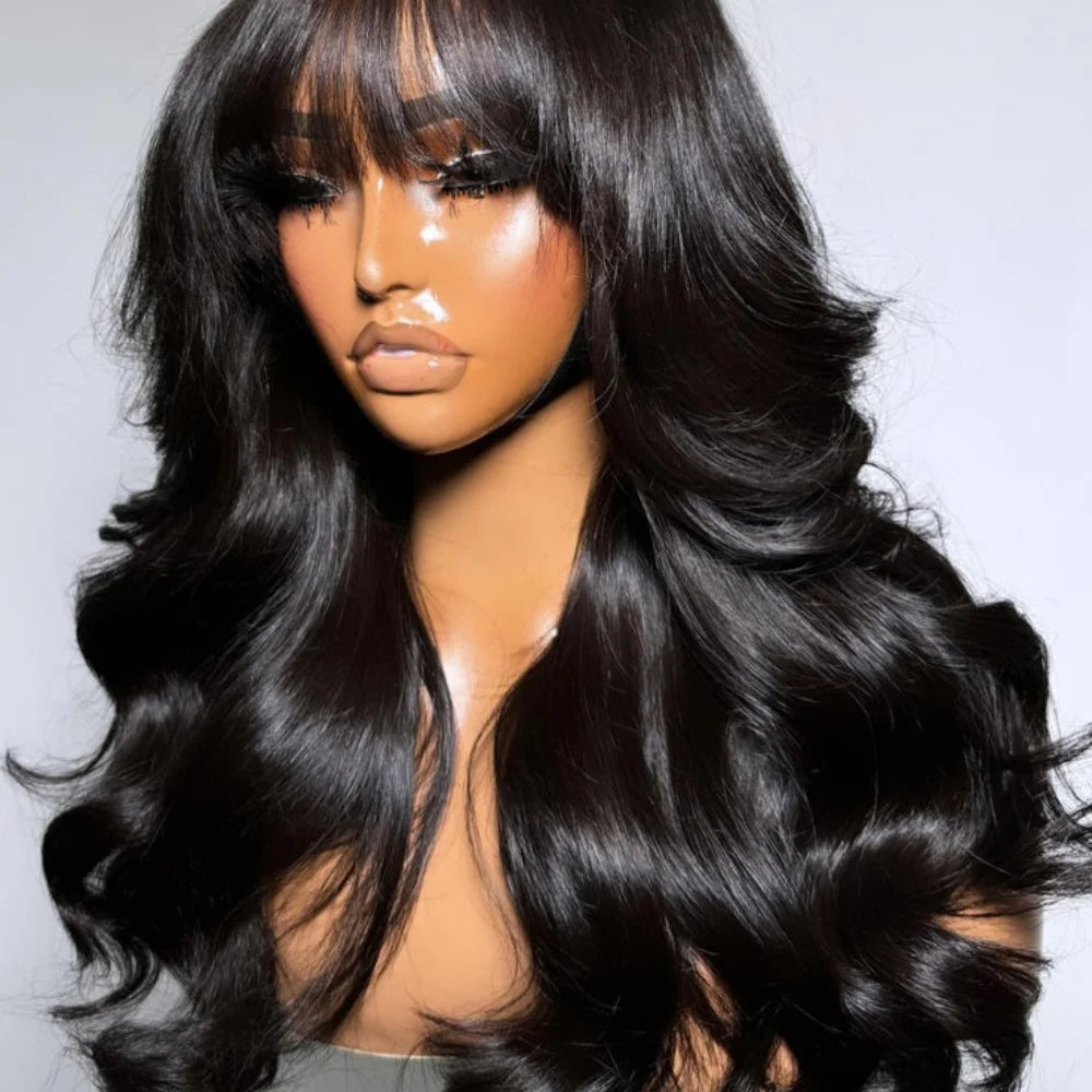 Body Wave Wigs with Bangs 3x1 Middle Part Lace Wig Human Hair Pre Plucked Body Wave Real Human Wigs with Bangs for Women 34 Inch