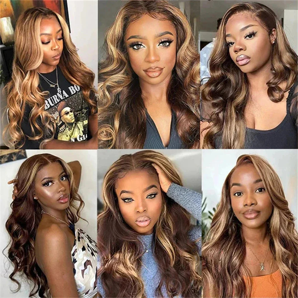 Highlight Body Wave 13x6 Lace Frontal Wig For Women 4/27 Brown Colored 13x4 Transparent Lace Front Human Hair Wig Pre Plucked