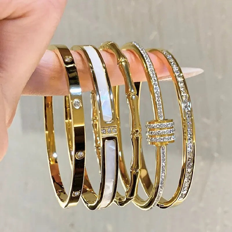 Greatera Waterproof Polished Stainless Steel Cuff Bracelet Bangles for Women Gold Plated Smooth Metal Openable Bracelets Jewelry