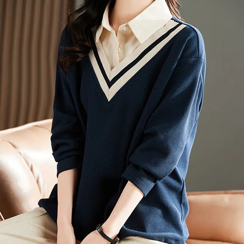 Women's Clothing 2022 Solid Loose T-Shirts Turn-down Collar Button Patchwork Autumn Winter Thin Preppy Style Casual Comfortable