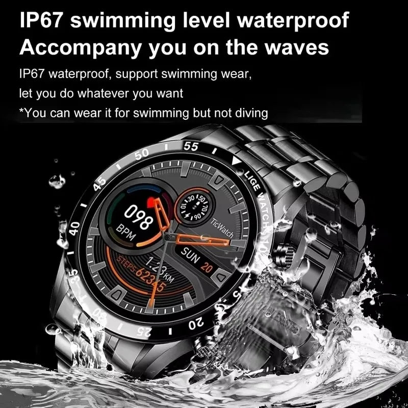 LIGE Men's Bluetooth Smartwatch – Full Touch Steel Sports Watch, IP67 Waterproof