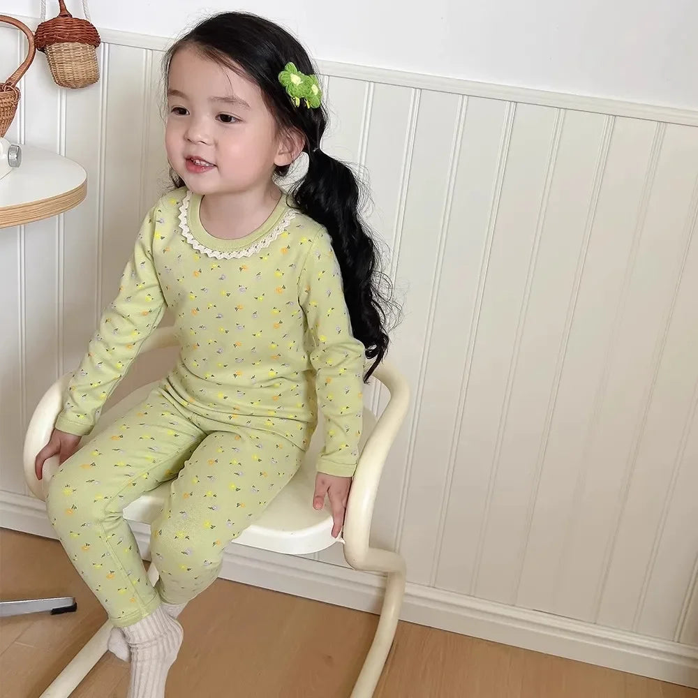 Girls' Floral Pajama Set – Soft Warm 2-Piece Spring & Autumn Baby Sleepwear