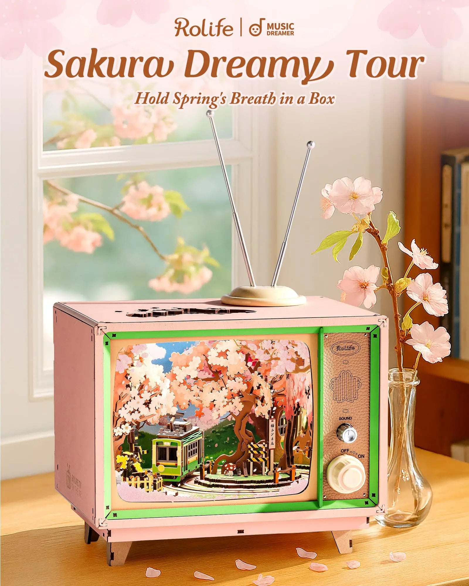 Robotime Rolife Sakura Dreamy Tour 3D Wooden Puzzle Music Box | LED Light & Moving Tram | Therapeutic DIY Gift for Teens & Adults