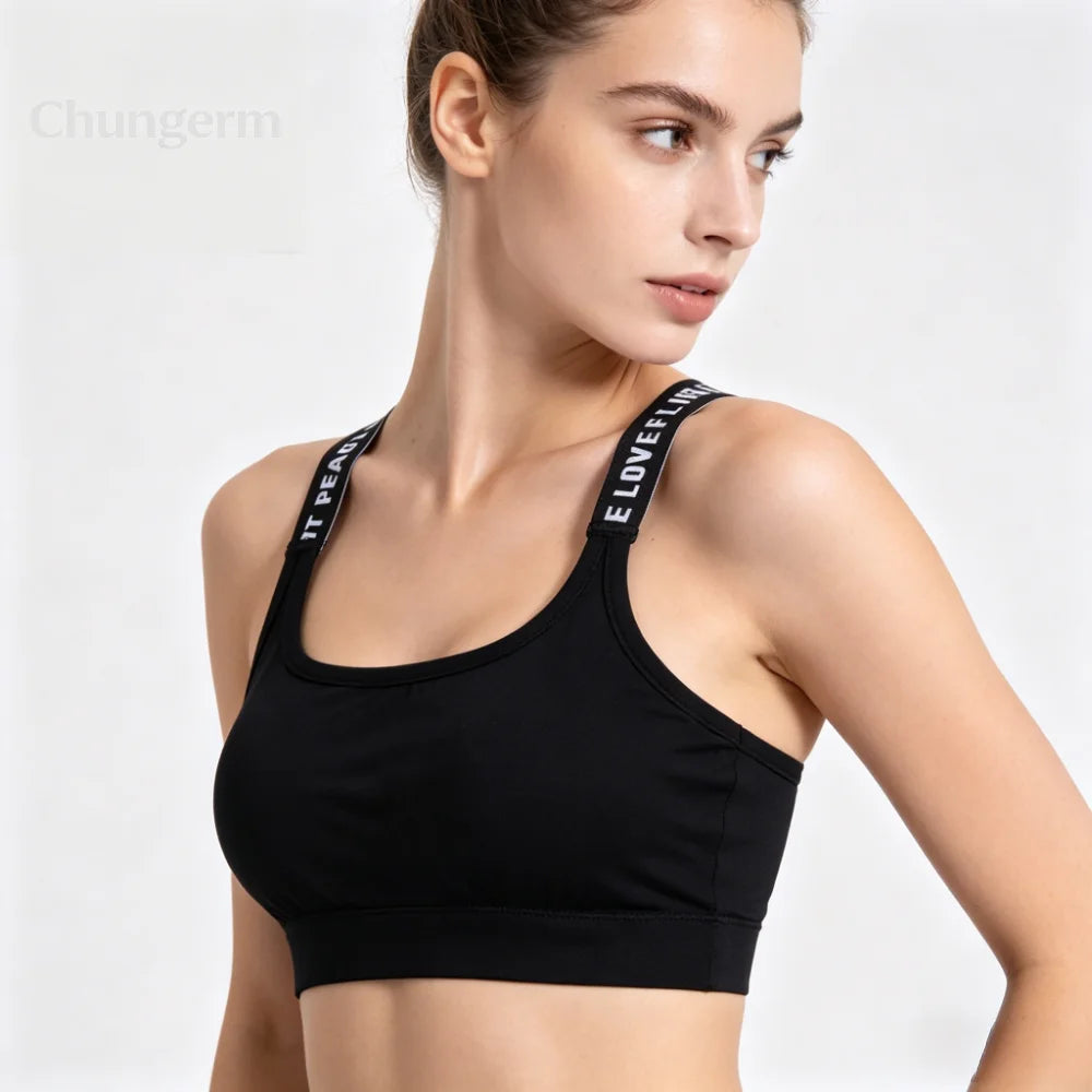 Women's Wireless Sports Yoga Crop Top – Seamless Activewear with Wide Letter Straps