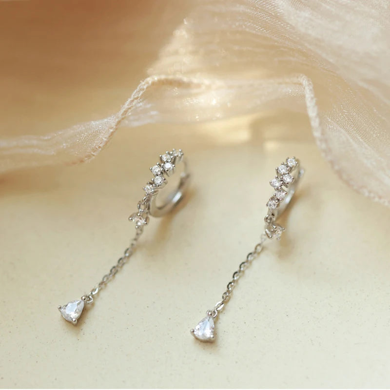 WOMEN 925 Silver Needle Water Drop Geometric Zircon White Zircon Crystal Flowers Pendant Hoop Earrings Fashion Wedding Jewelry