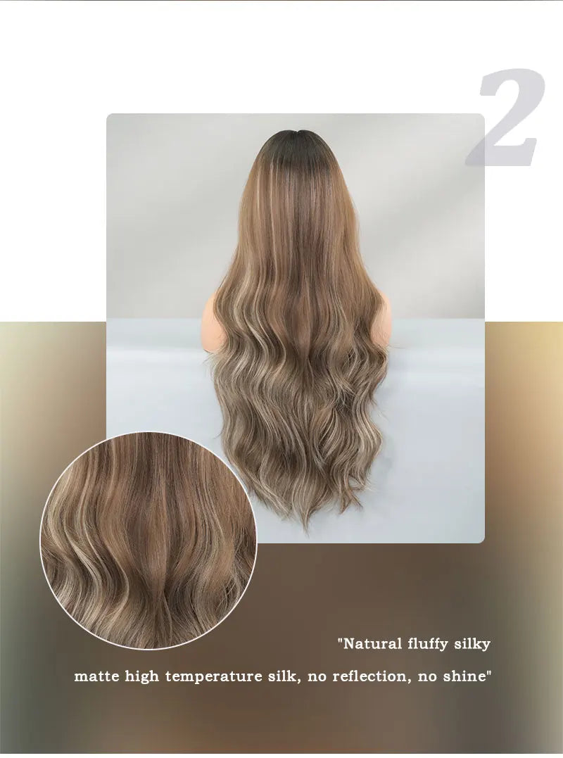 NAMM Long Wavy Honey Brown Wig Mid Split Highlight Beige Natural Synthetic Wig for Women Daily Party Cosplay Wigs Heat Resistan