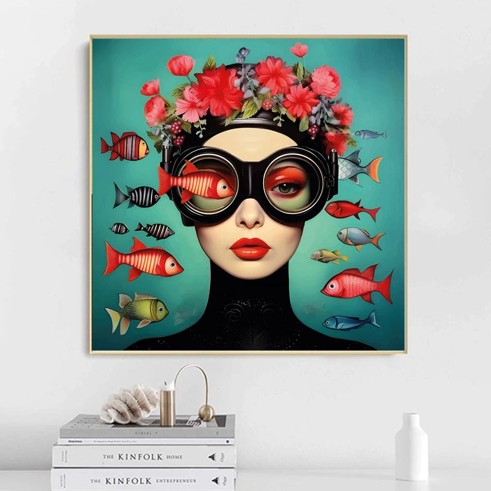 Surrealism Fish Woman Portrait Poster Prints For Living Room Home Decor Abstract Underwater Magic Girl Canvas Painting Wall Art