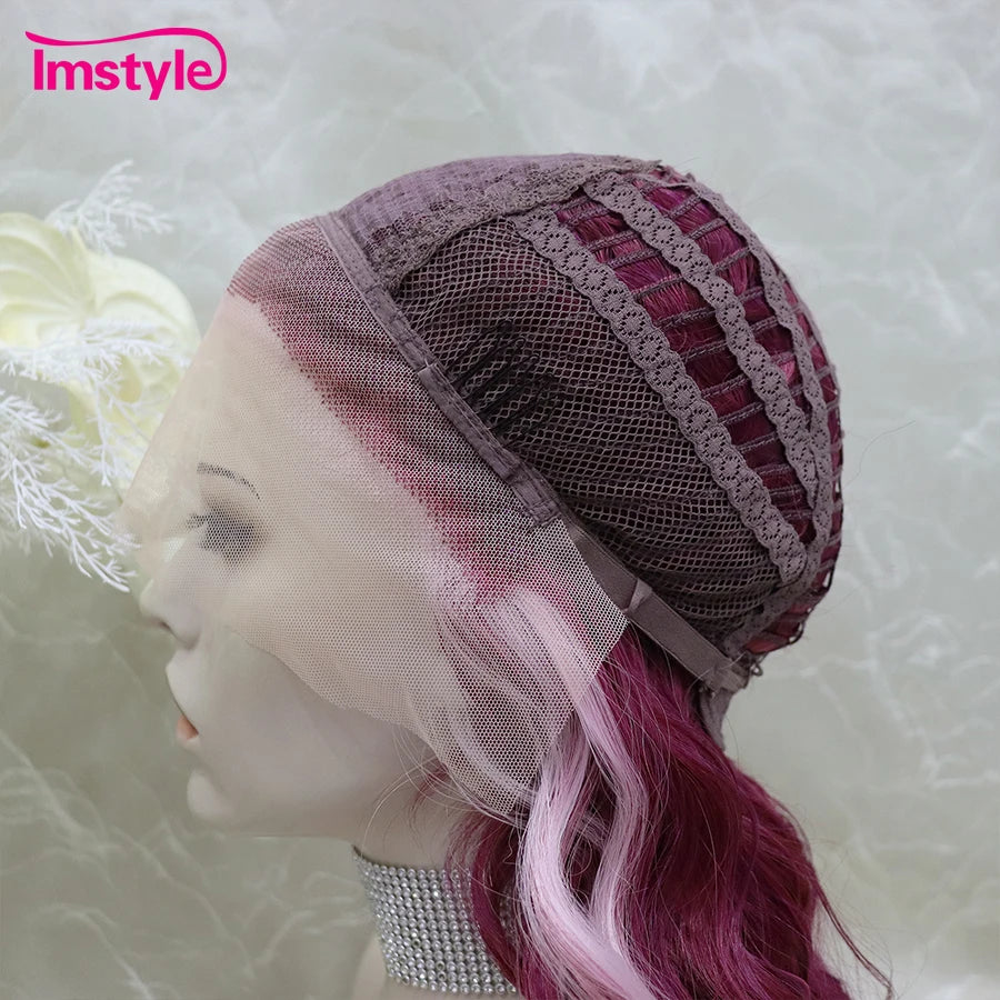 Imstyle Pink Wig Short Synthetic Lace Front Wig Deep Wave Highlight Heat Resistant Fiber Cosplay Wigs For Women 14 inch