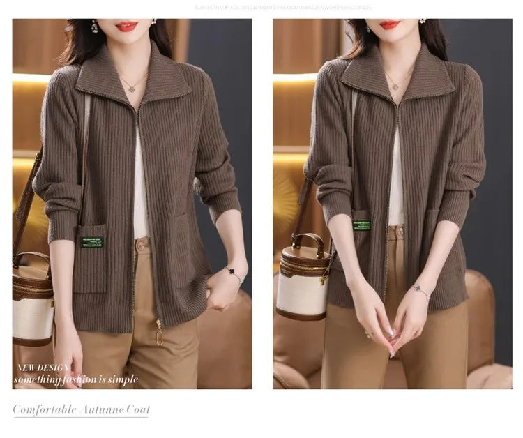 Knitted Cardigan Jacket Women Sweater New Autumn Winter Lapel Zipper Sweater Jacket Loose Solid Outerwear Female Sweatshirt Tops