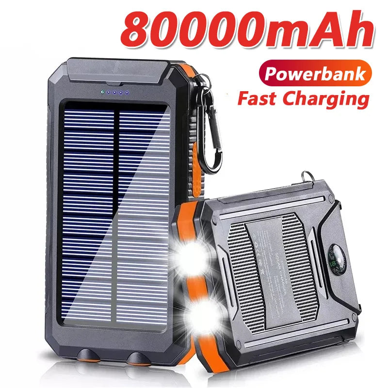 Solar Power Bank – 80000mAh Portable Charger with Strong LED Light for All Smartphones