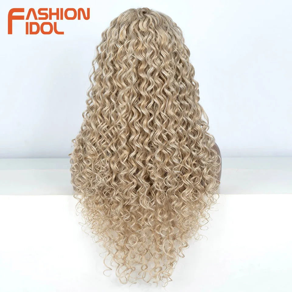 FASHION IDOL 30 inch Afro Kinky Curly Lace Wig Synthetic With Baby Hair High Temperature Fiber Ombre Blonde Lace Wigs For Women