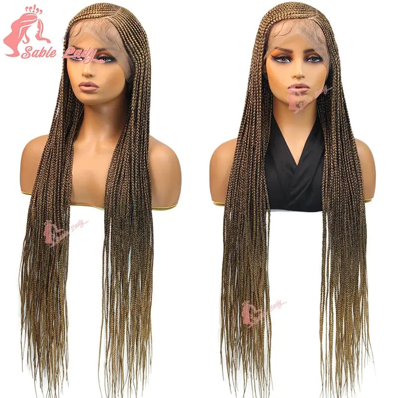 36" Full Lace Cornrow Braided Wigs Synthetic Burgundy Red Knotless Box Braids Wig Godness Side Part Braided Wigs for Black Women