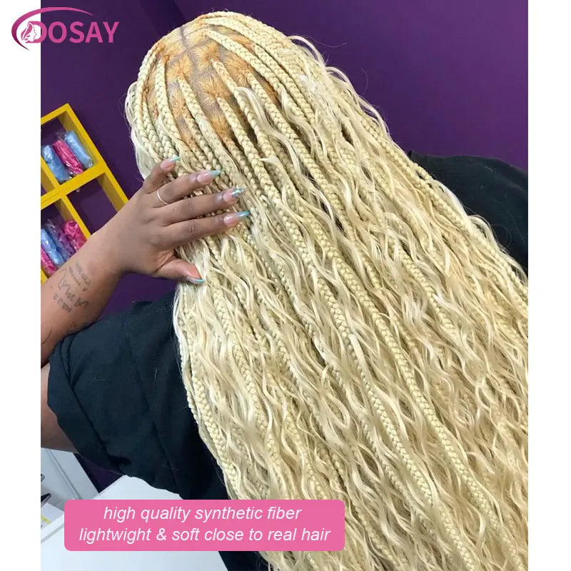 Blonde 613 Full Lace Front Synthetic Braided Wigs Boho Box Braids Wig 32'' Square Knotless Braided Wig With Curly Ends For Woman