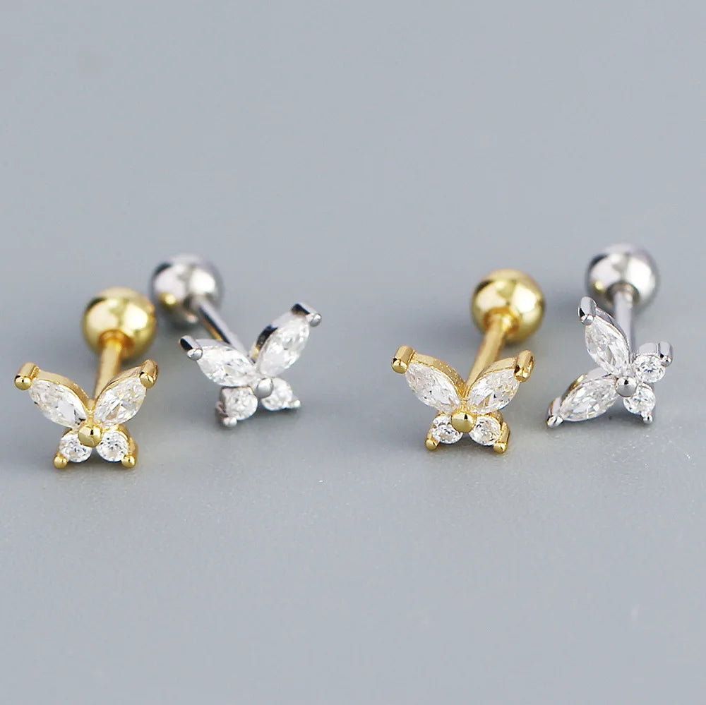 PONYKISS Silver Color Zircon Butterfly Bead Stud Earrings for Women Cute Fashion Jewelry Insect Accessories