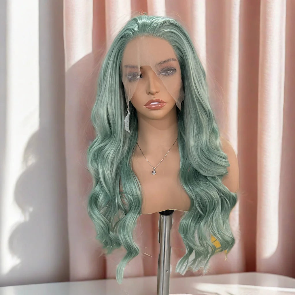 Ash Green Wig Body Wave Wig Synthetic Lace Front Wig Lace Wigs For Women Green Lace Wig Ready To Wear Front Lace Wig Cosplay
