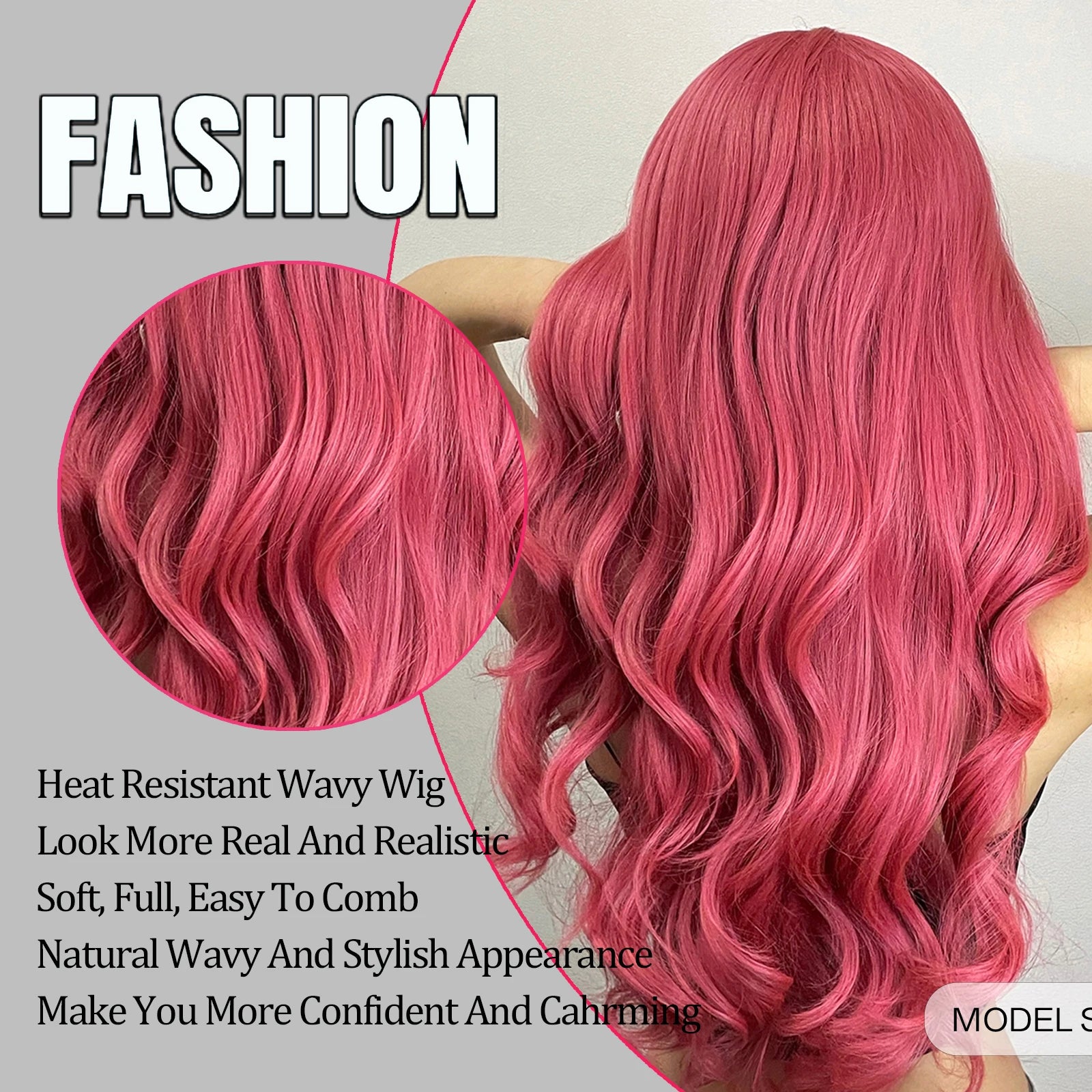 LOUIS FERRE Long Wavy Pink Synthetic Wigs with Bangs for Women Hot Pink Curly Heat Resistant Hair Wig for Cosplay Halloween Use