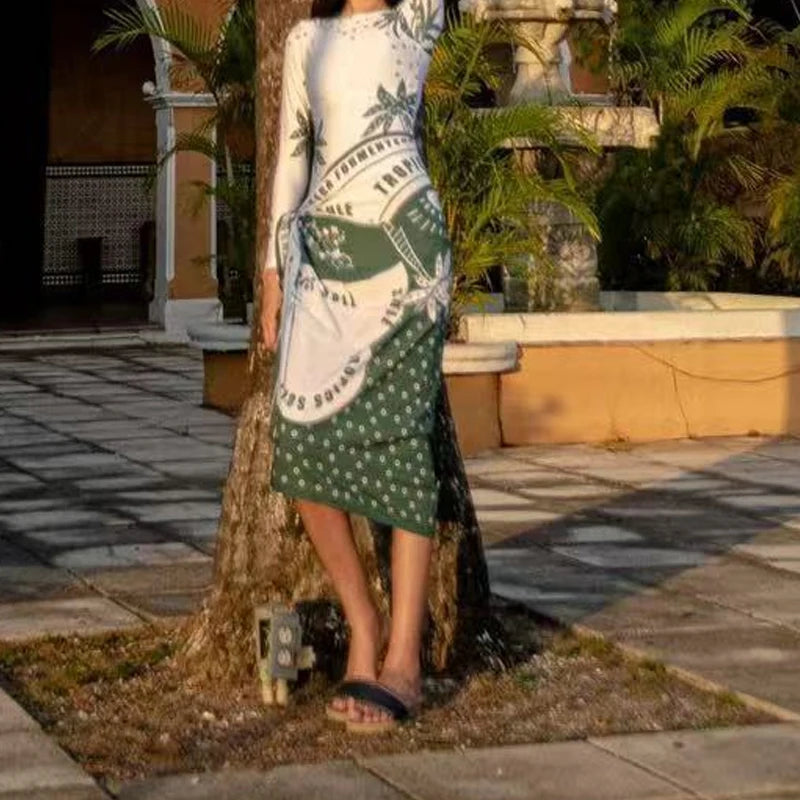 2025 New Pattern Printed Bathing Bikini Dresses Casual O Neck Long Sleeved Slim Fit Beachwear Summer Bohemian Lace Up Swimsuit