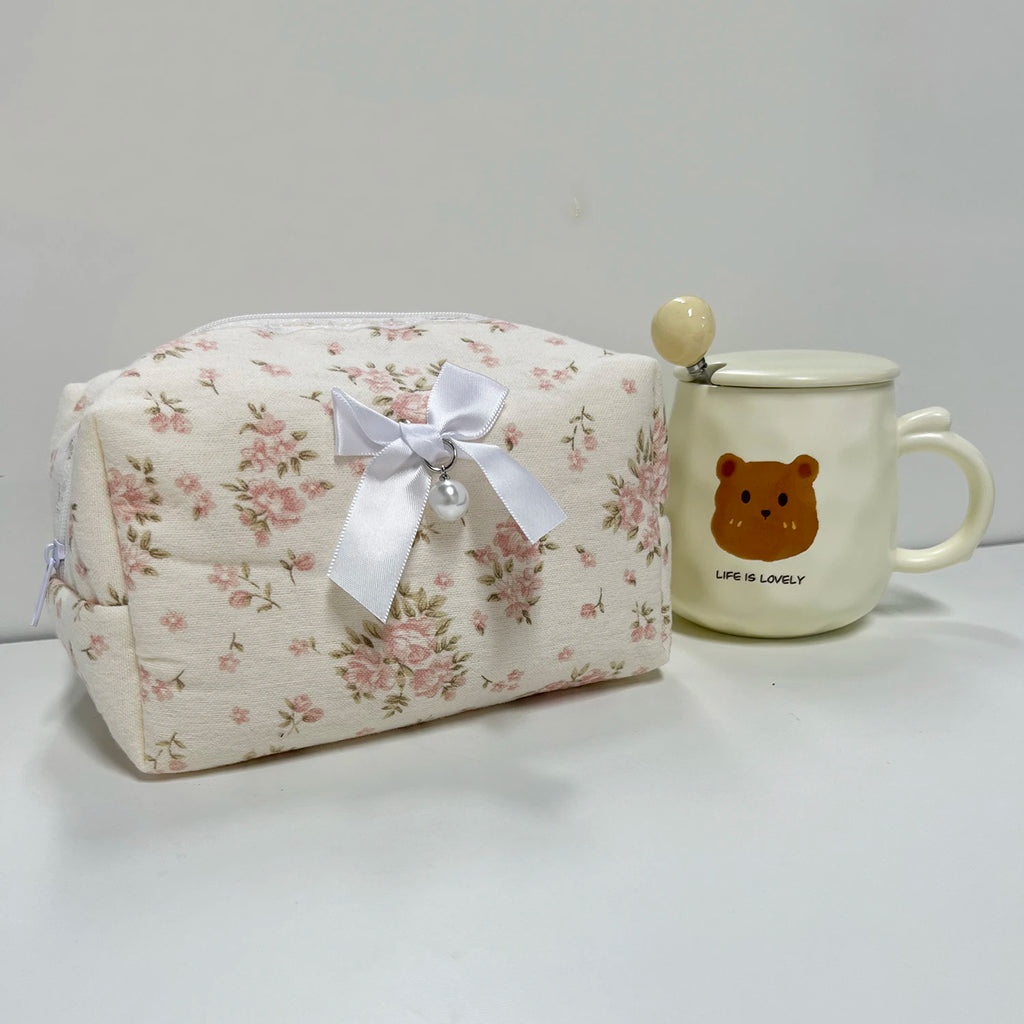 Women Lace Bow Cosmetic Bag Large Capacity Makeup Organizer Travel Toiletry Bag Storage Bag Zipper Ruffles Pencil Case