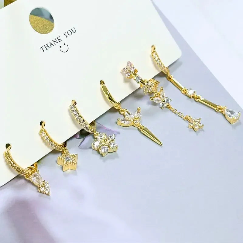 WOMEN 925 Silver Needle Water Drop Geometric Zircon White Zircon Crystal Flowers Pendant Hoop Earrings Fashion Wedding Jewelry