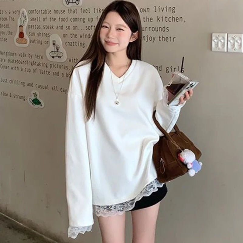Chic Lace Patchwork Long Sleeve T Shirt Women Loose Warm White O Neck Tops Korean Fashion Office Ladies Casual V Neck Tees New