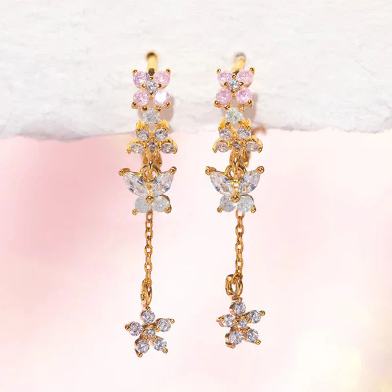 WOMEN 925 Silver Needle Water Drop Geometric Zircon White Zircon Crystal Flowers Pendant Hoop Earrings Fashion Wedding Jewelry