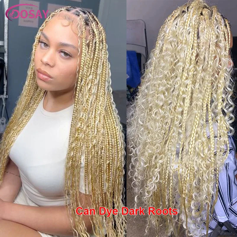 Blonde 613 Full Lace Front Synthetic Braided Wigs Boho Box Braids Wig 32'' Square Knotless Braided Wig With Curly Ends For Woman