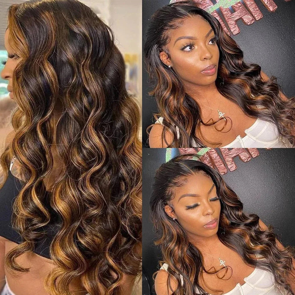 13X6 Body Wave Synthetic Lace Front Wigs For Black Women Honey Blonde Highlight Body Wavy Lace Wigs Heat Resistant Cosplay Wig