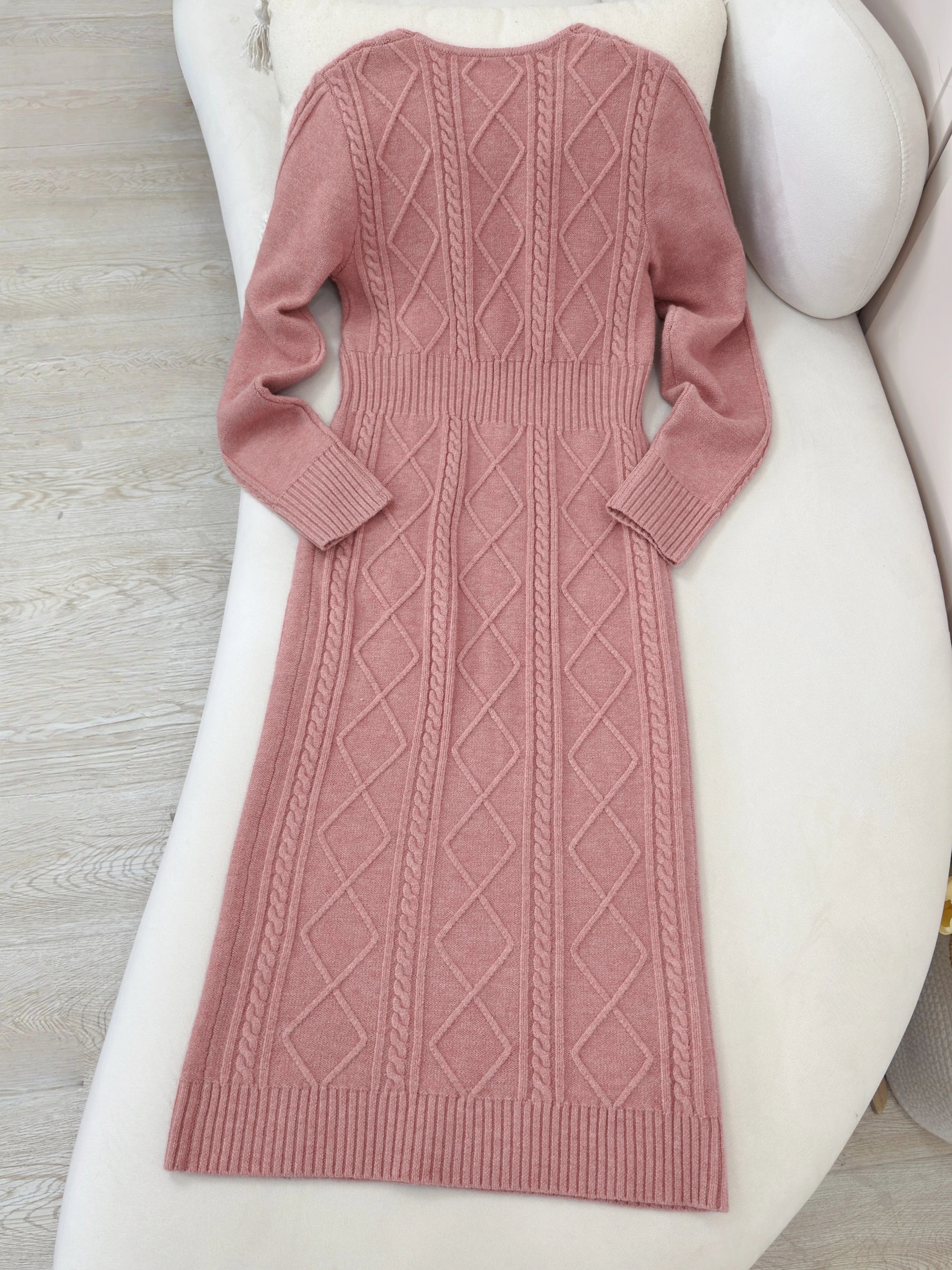Women's Clothing - Spring and Autumn Fashion Elegant Sexy Slim Cross V-Neck Fried Dough Twists Cross Long Sleeve Knitted Dress