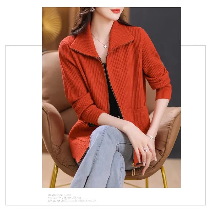 Knitted Cardigan Jacket Women Sweater New Autumn Winter Lapel Zipper Sweater Jacket Loose Solid Outerwear Female Sweatshirt Tops