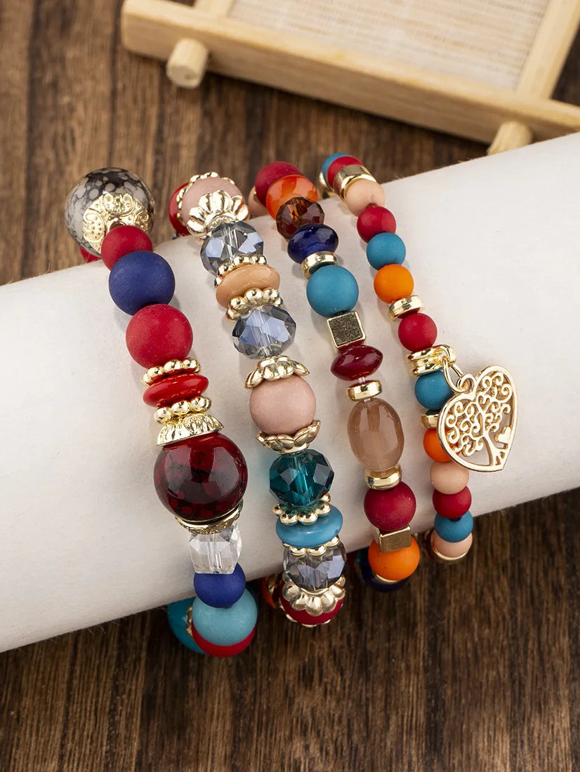 New Acrylic Beads Chain Bracelet Set For Women Tree Of Life Charm Elastic Bangle Female Bohemian Jewelry Accessories