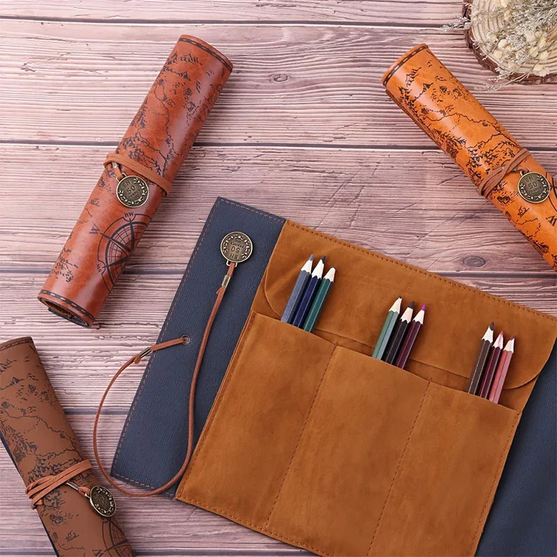 Treasure Map Leather PU Retro Boy Girl Pencil Bag Cosmetic Bag Roll Pen Bag For Student Gifts Stationery Brush Makeup Supplies