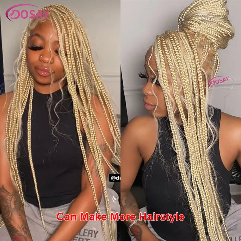 Blonde 613 Full Lace Front Synthetic Braided Wigs Boho Box Braids Wig 32'' Square Knotless Braided Wig With Curly Ends For Woman