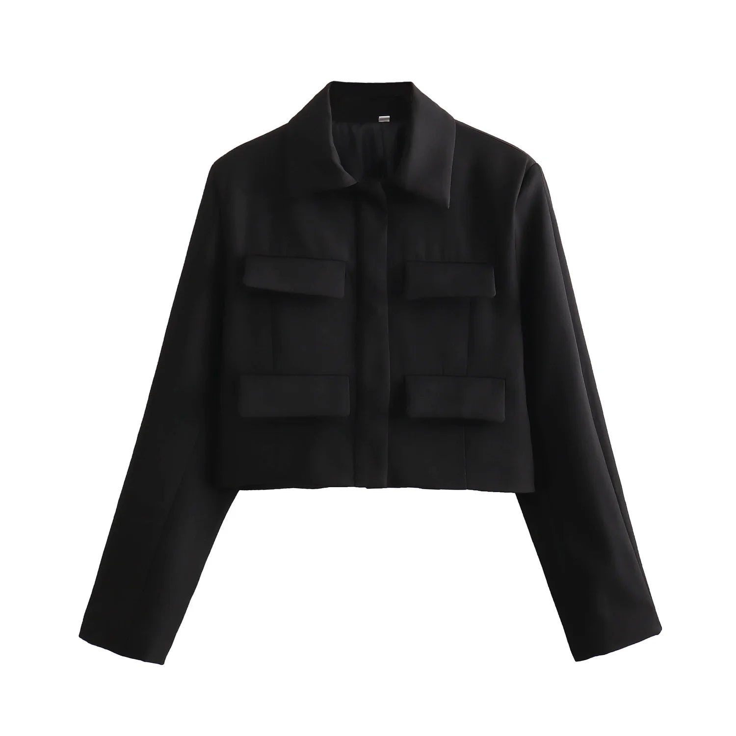 Women's Solid Office Jacket – Long Sleeve Button Coat with Pockets