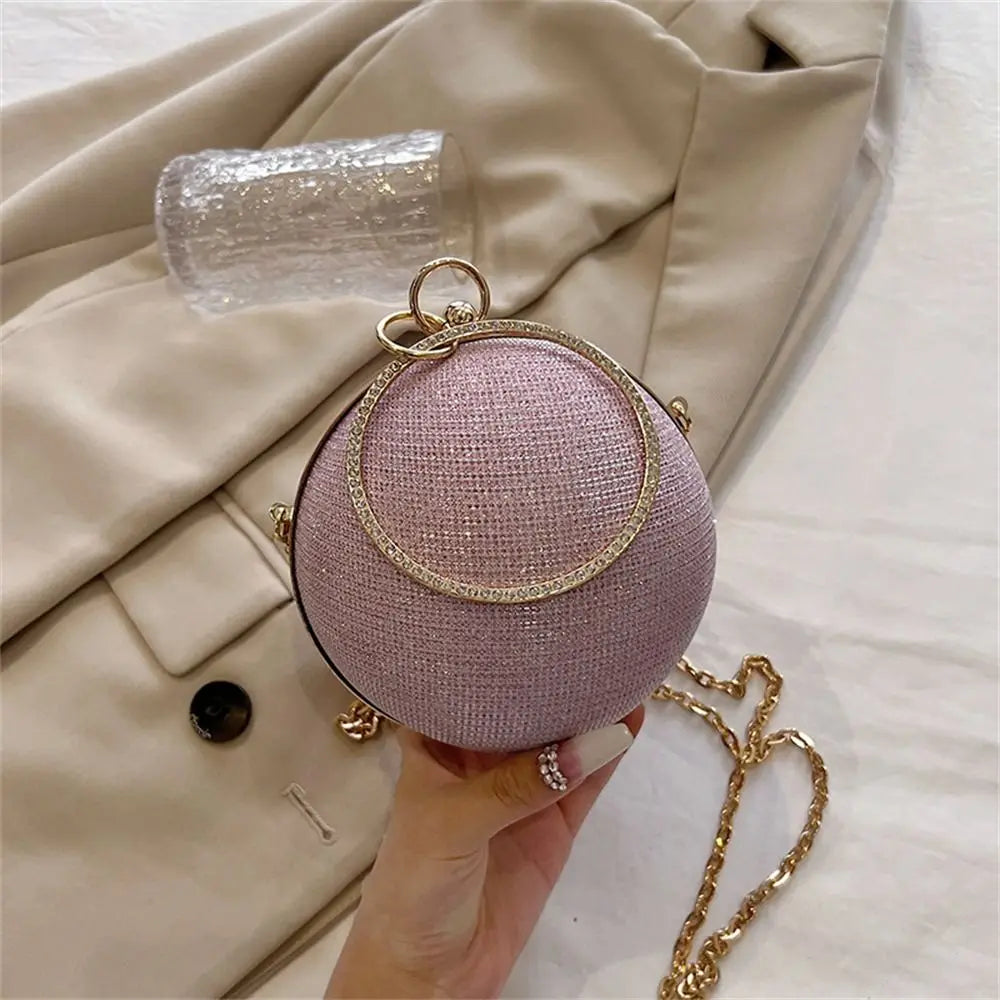 Gold Bright Silk Circular Evening Bag Women Banquet Clutch Rhinestone Decor Chain Shoulder Bags Luxury Female Party Handbags