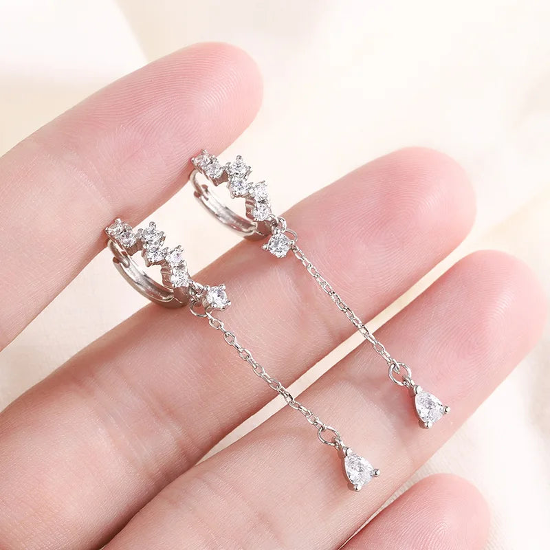 WOMEN 925 Silver Needle Water Drop Geometric Zircon White Zircon Crystal Flowers Pendant Hoop Earrings Fashion Wedding Jewelry