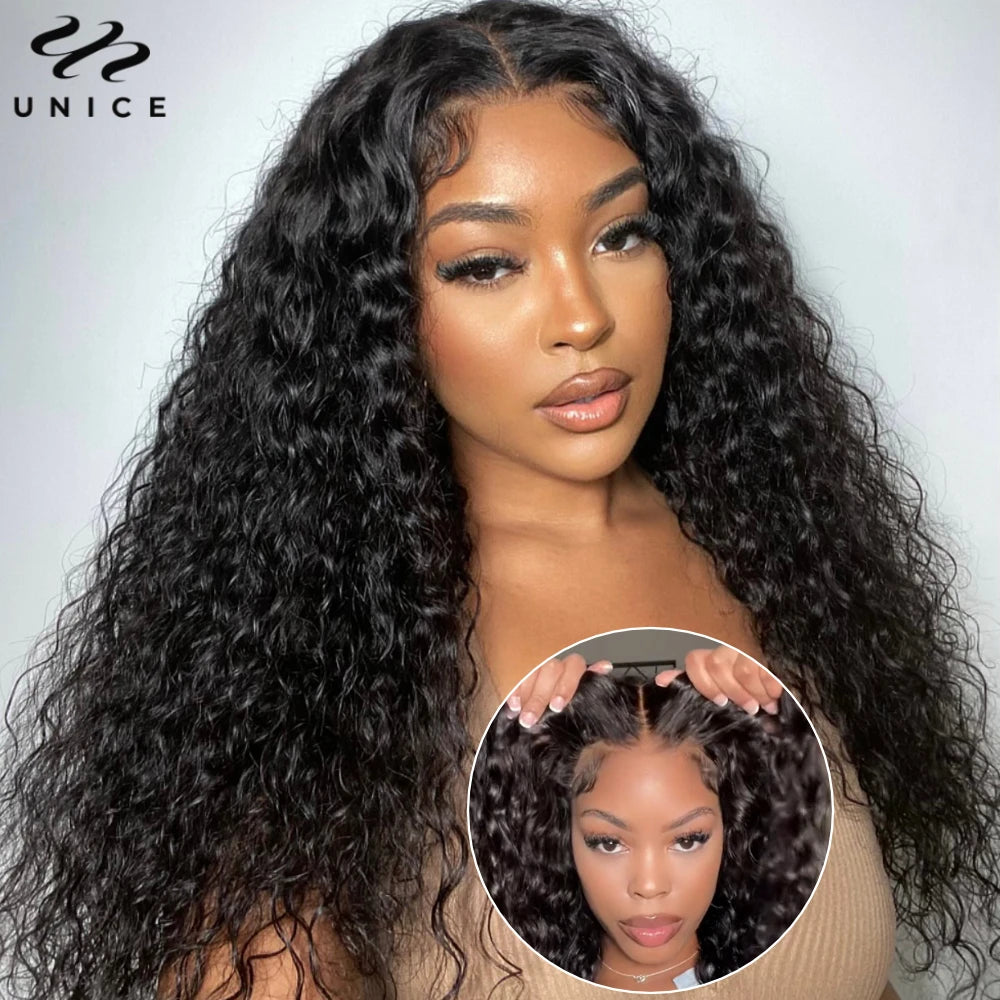 UNice 7x5 & 13x4 Lace Water Wave Human Hair Wig With Drawstring & Baby Hair Pre Cut Pre Bleached Glueless Wig