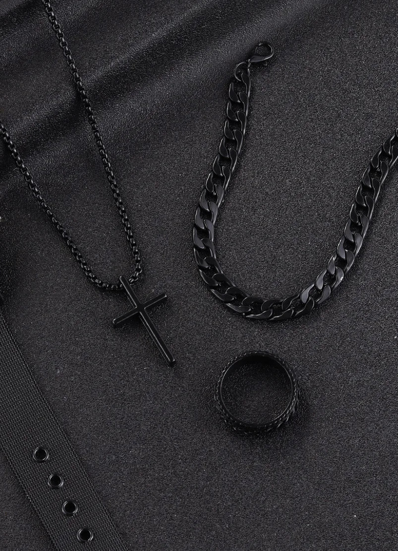 Hip Hop Fashion Cross Pendant Necklace Bracelet Chain Ring Men's Set Simple Personality Party Three Piece Jewelry Accessories