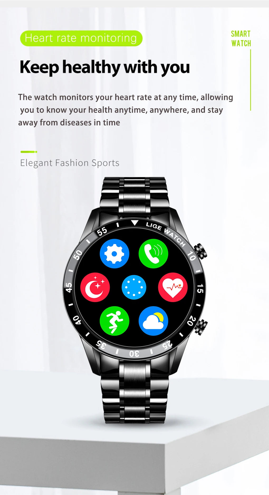 LIGE Men's Bluetooth Smartwatch – Full Touch Steel Sports Watch, IP67 Waterproof