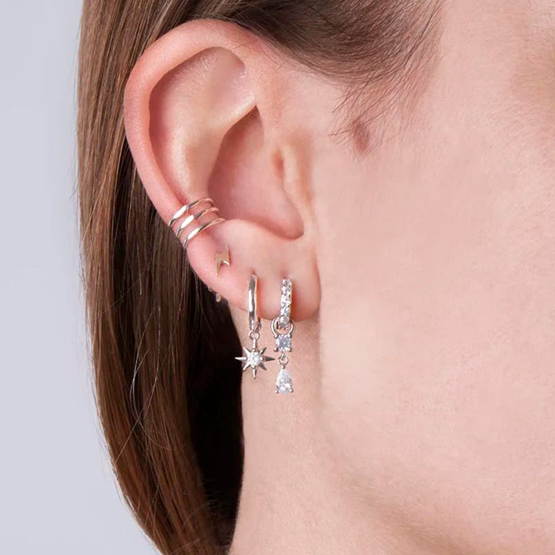 WOMEN 925 Silver Needle Water Drop Geometric Zircon White Zircon Crystal Flowers Pendant Hoop Earrings Fashion Wedding Jewelry