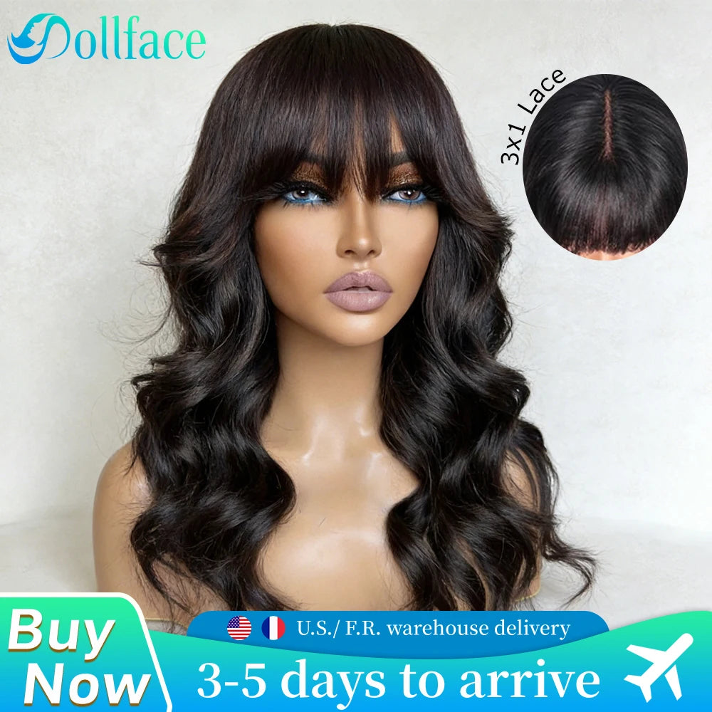 Body Wave Wigs with Bangs 3x1 Middle Part Lace Wig Human Hair Pre Plucked Body Wave Real Human Wigs with Bangs for Women 34 Inch