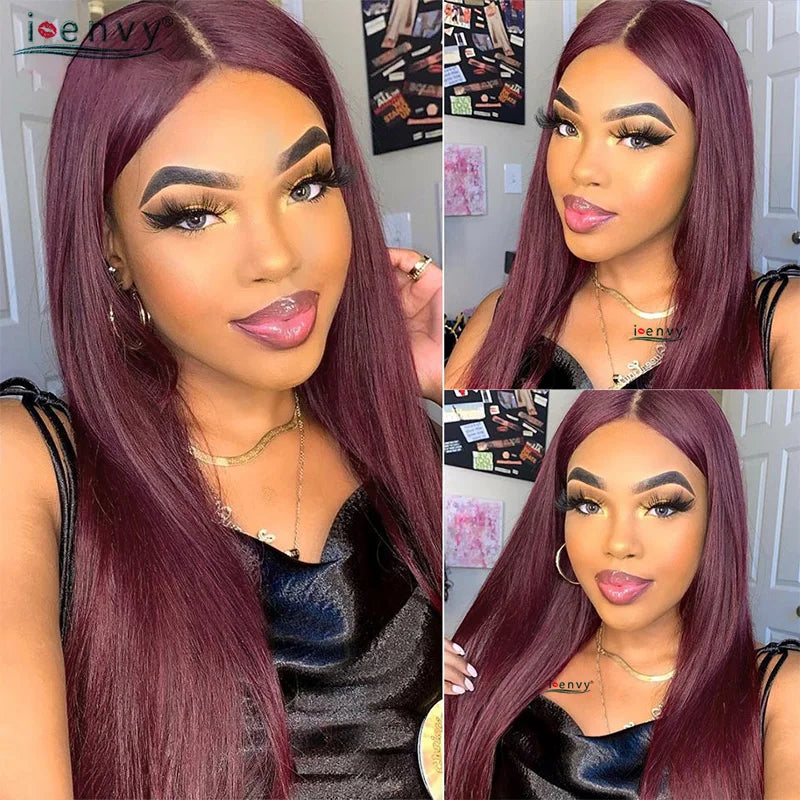 Ginger Blonde Lace Front Wigs Wear & Go 28inch Peruvian 13*1 Part Lace Front Human Hair Wig Remy 180% Colored Lace Wig Burgundy