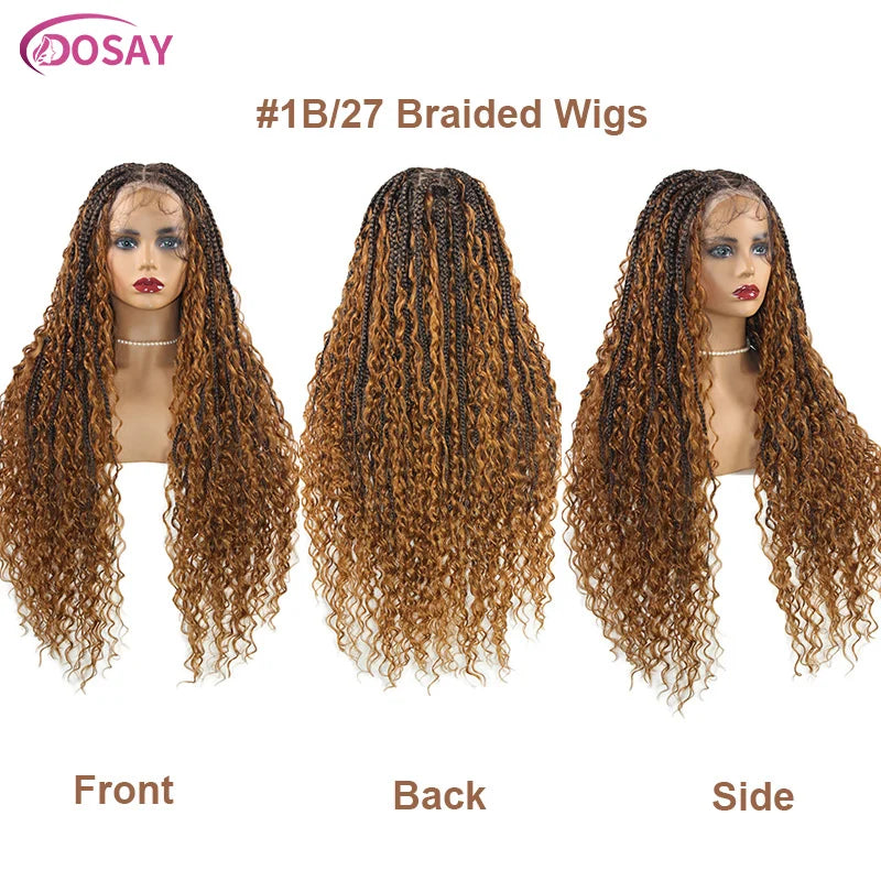 Blonde 613 Full Lace Front Synthetic Braided Wigs Boho Box Braids Wig 32'' Square Knotless Braided Wig With Curly Ends For Woman