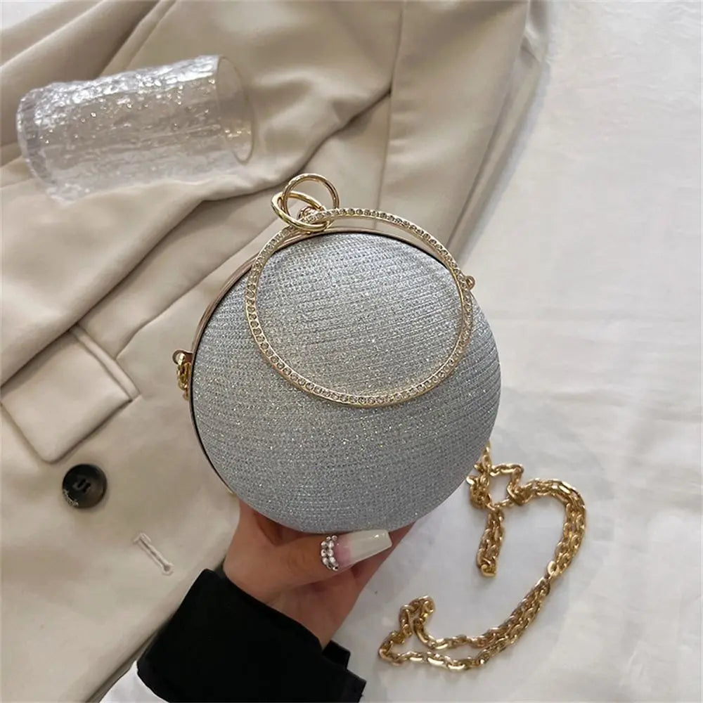 Gold Bright Silk Circular Evening Bag Women Banquet Clutch Rhinestone Decor Chain Shoulder Bags Luxury Female Party Handbags