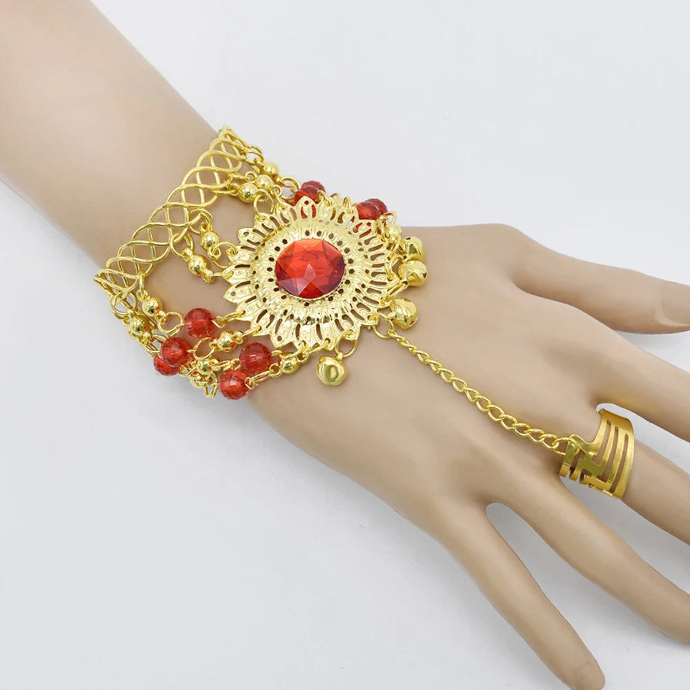 Indian Belly Dance Jewelry Set – Crystal Bell Tassel Necklace, Earrings, Bracelet & Hair Accessories