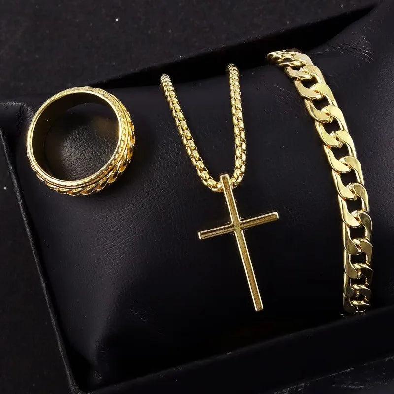Hip Hop Fashion Cross Pendant Necklace Bracelet Chain Ring Men's Set Simple Personality Party Three Piece Jewelry Accessories