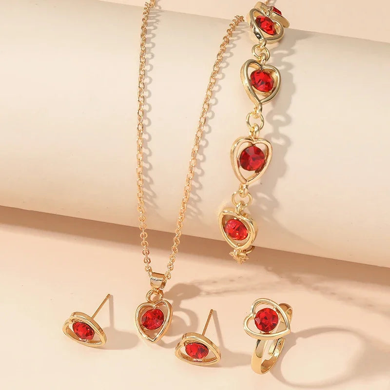 Gold Heart Shaped Jewelry Set – 5-Piece Rhinestone Double Heart Ring, Earrings & Necklace for Women