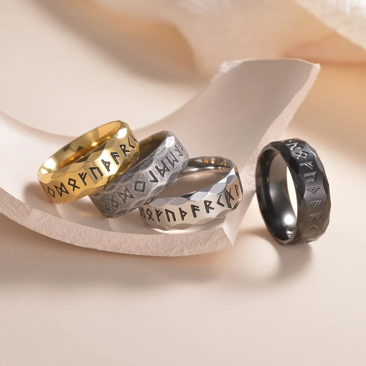 SUNFLOWERZHU Wholesale Men'S Stainless-Steel Rings Punk Viking Rune Men Rings Bevel Vintage Rings Silver Ring Jewelry For Man