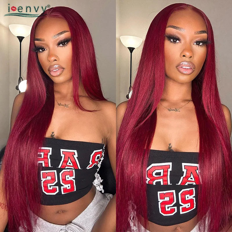 Ginger Blonde Lace Front Wigs Wear & Go 28inch Peruvian 13*1 Part Lace Front Human Hair Wig Remy 180% Colored Lace Wig Burgundy