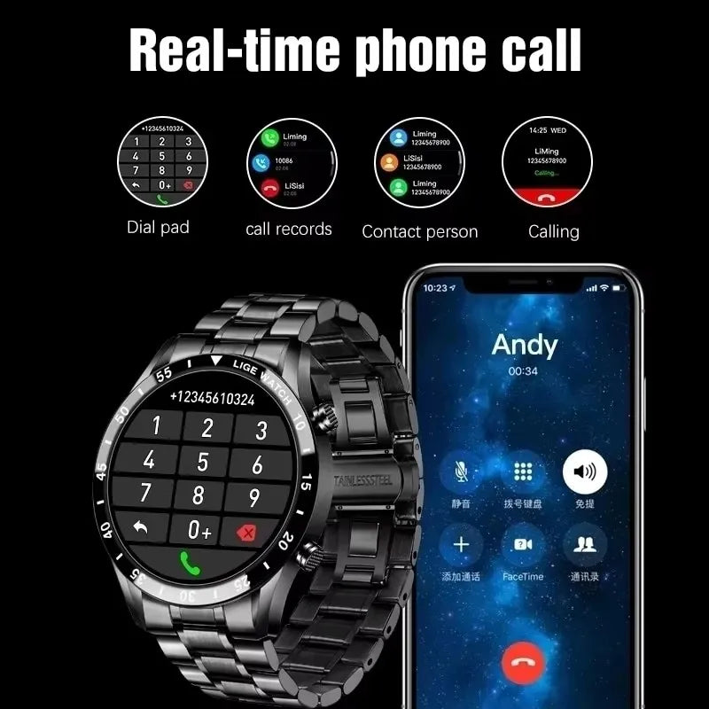 LIGE Men's Bluetooth Smartwatch – Full Touch Steel Sports Watch, IP67 Waterproof
