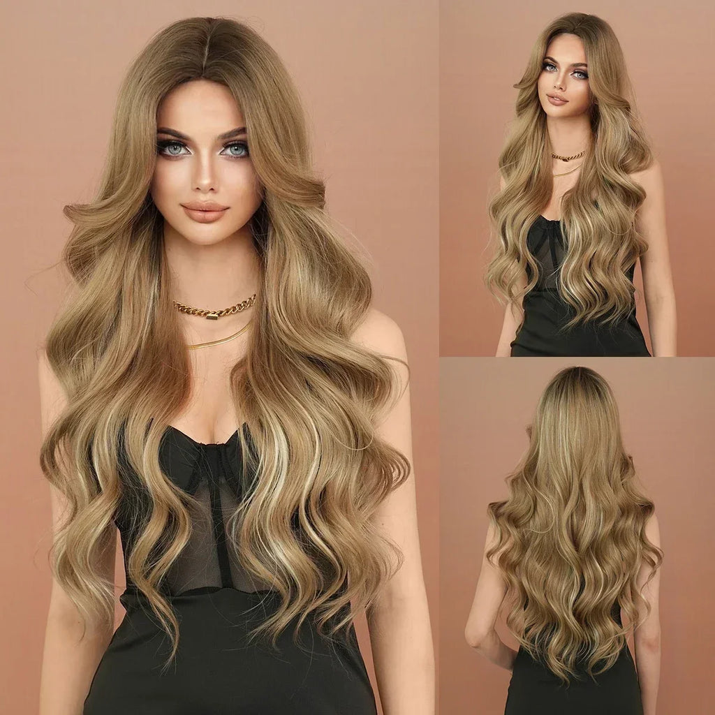 NAMM Long Wavy Honey Brown Wig Mid Split Highlight Beige Natural Synthetic Wig for Women Daily Party Cosplay Wigs Heat Resistan